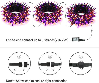 Purple & Orange Halloween Lights, 95.14Ft 240 LED Halloween String Lights Connectable with Timer, 8 Modes Outdoor Halloween Lights, Plugin Mini Lights Waterproof for outside Spooky Decoration