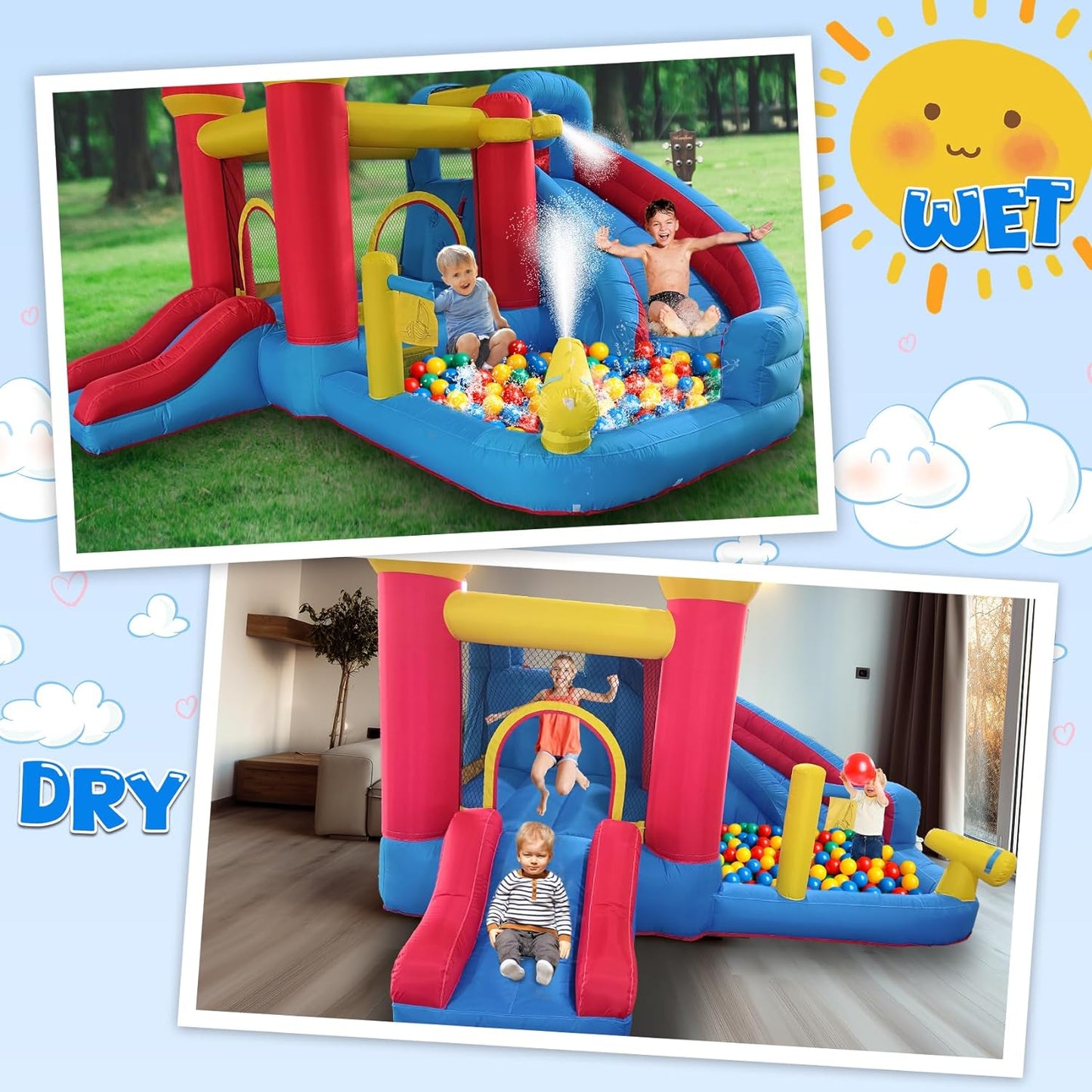 Inflatable Water Slide Bounce House for Kids, 6-In-1 Backyard Water Park with Splash Pool, Climbing Wall, Basketball Hoop, Water Cannon, Air Blower Summer Party Gift