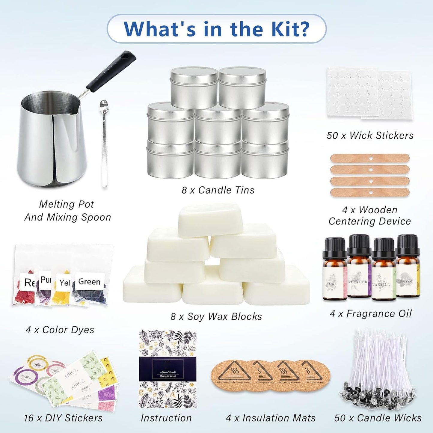 Complete Candle Making Kits for Adults Beginners,Diy Candle Making Supplies Include Soy Wax,Wax Melter,Scents,Dyes,Wicks,Wicks Sticker,Candle Tins & More-Full Candle Making Set - Arts & Crafts Kits