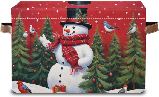 Christmas Snowman Storage Baskets Xmas Gift Collapsible Storage Bins, Rectangular Canvas Fabric Storage Bin with Leather Handles for Home,Offices,Bedroom