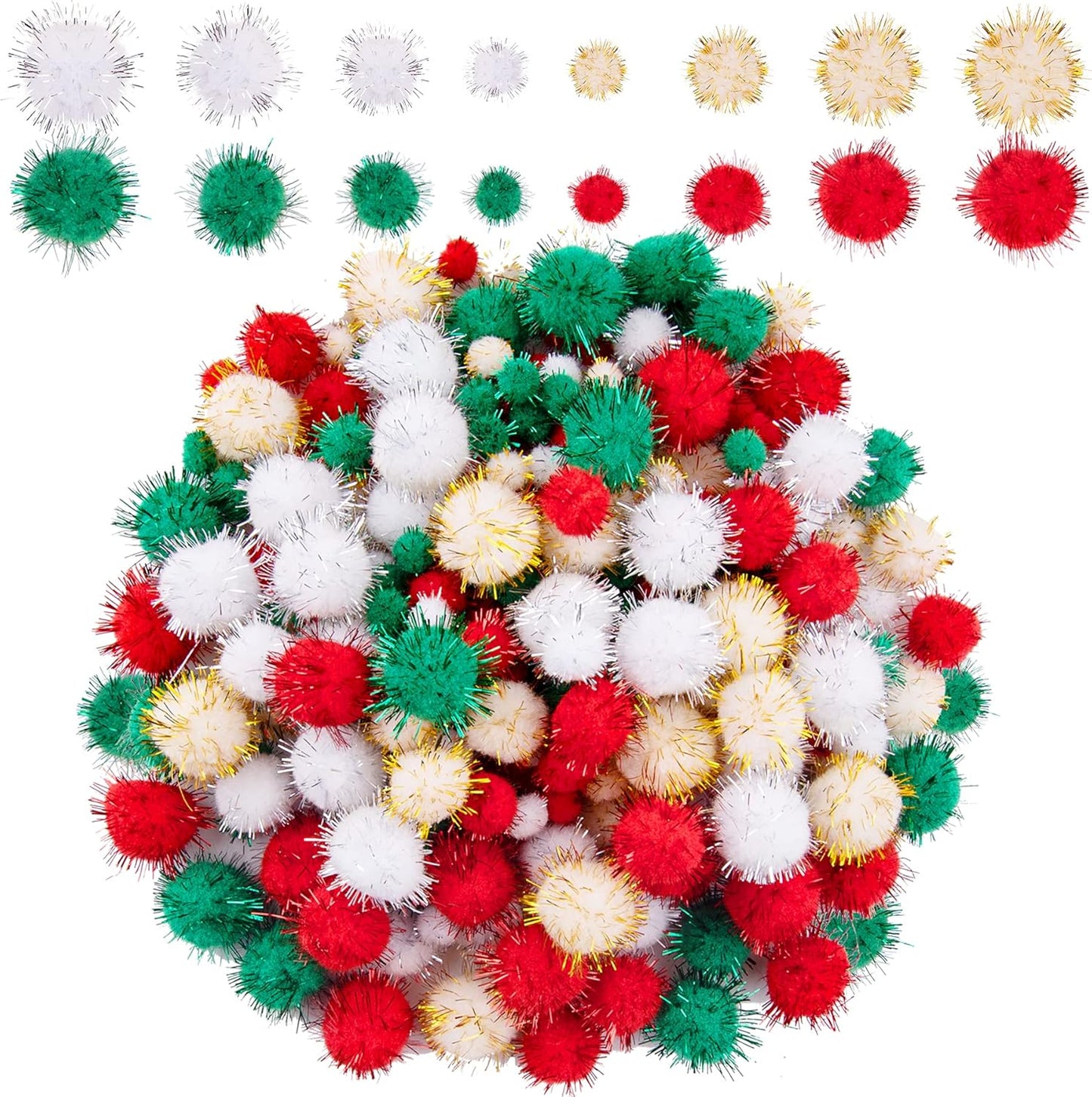 1200 Pieces Christmas Pom Pom Tinsel Pom Pom Balls Glitter Fluffy Pom Pom for Craft Making and Christmas Decorations (4 Sizes, Gold, White, Green, Red)