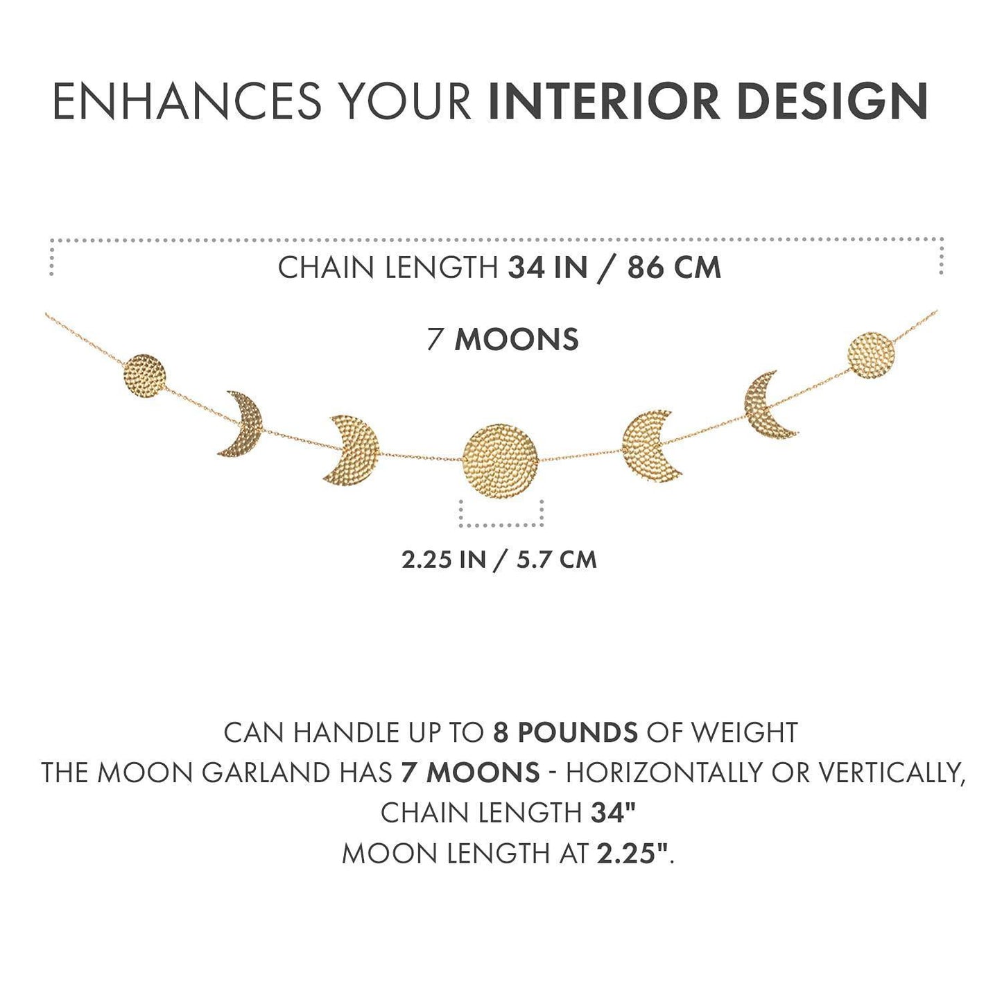 Moon Phase Wall Decor Hanging Garland   7 Gold Hammered Metal Boho Wall Decor