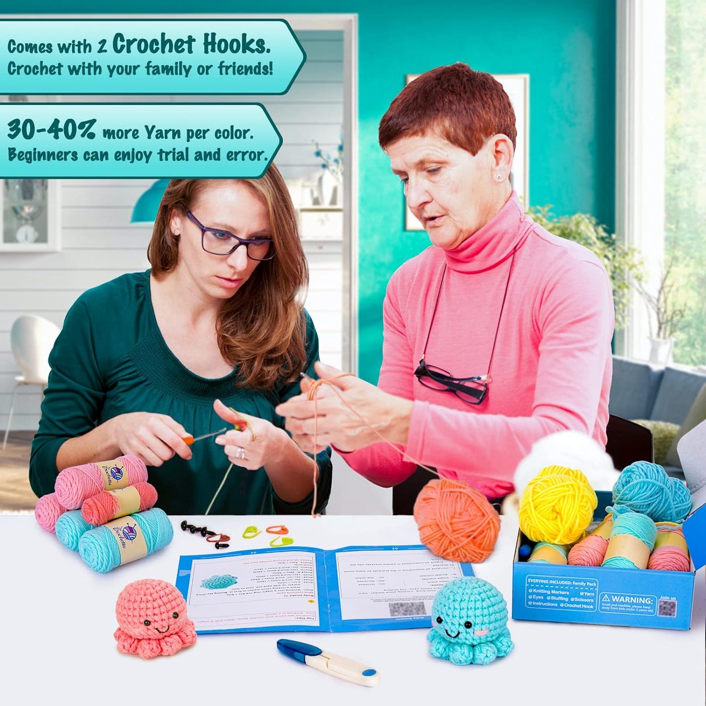 Crochet Kit for Beginners, Amigurumi Crocheting Animals Kits W Step-By-Step Video Tutorials, Knitting Starter Pack for Adults and Kids, Jumbo 2 Octopus Familly (40%+ Yarn Content)