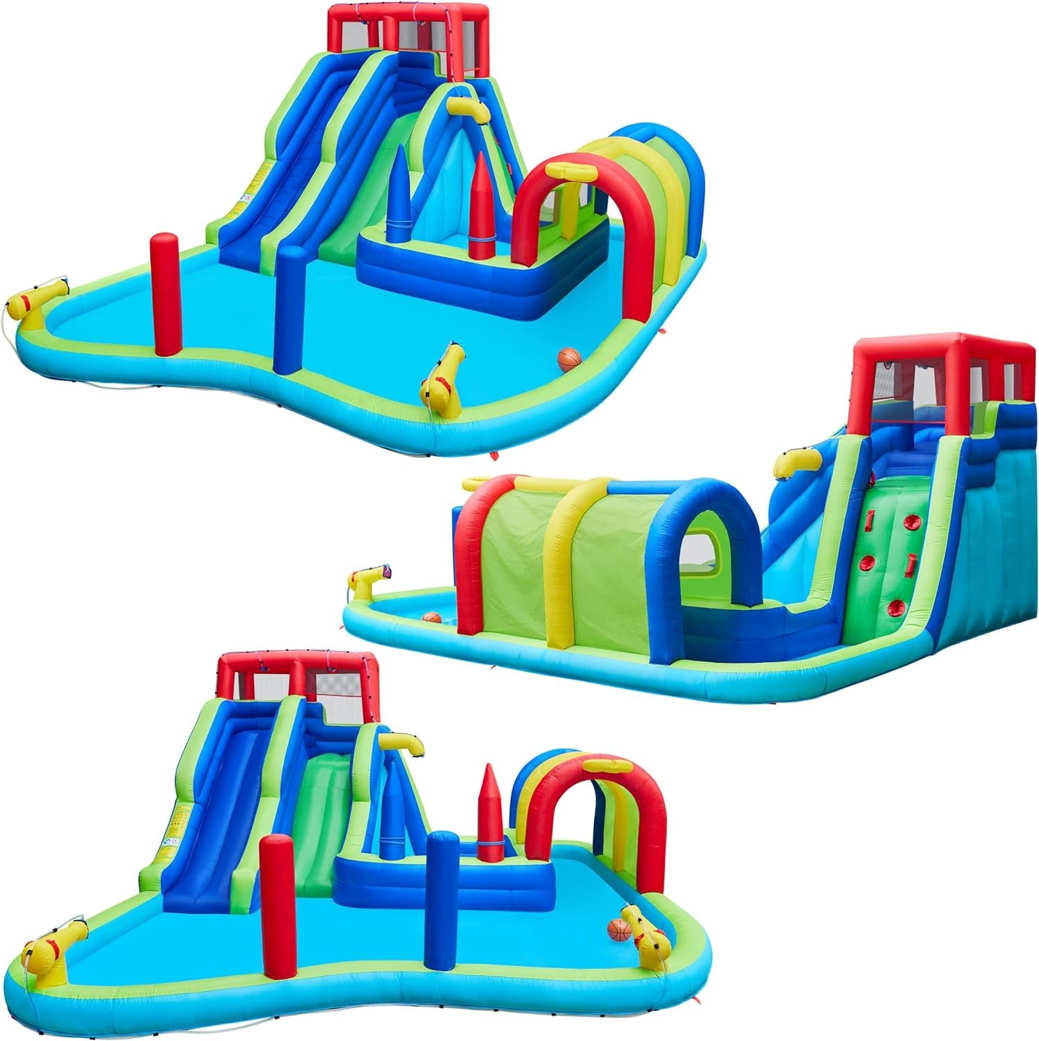 Inflatable Water Slide, Double Lane Water Slide Combo W/Long Tunnel & Climbing Wall & Punching Bags & Ring Toss Game, Kids Inflatable Water Park W/Storage Bag & 650W Blower