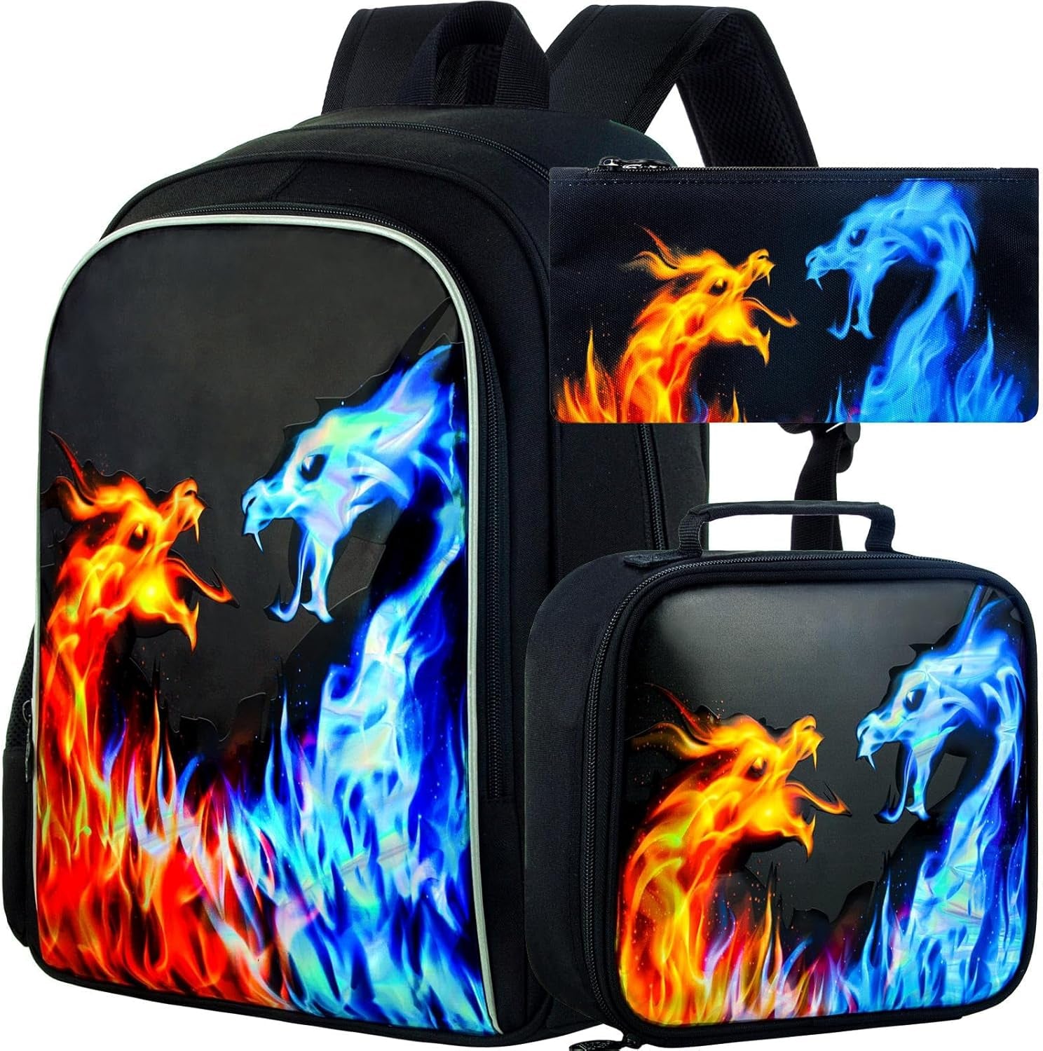 3PCS Backpack for Boys, 16 Inch Kids Red Blue Fire Dragon Water Resistant Preschool Backpacks, Elementary Kindergarten School Bookbag Set for Teen Travel