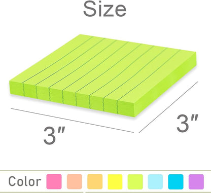 Lined Sticky Notes 3X3 in Bright Ruled Post Stickies Colorful Super Sticking Power Memo Pads, 82 Sheets/Pad, 8 Pads/Pack