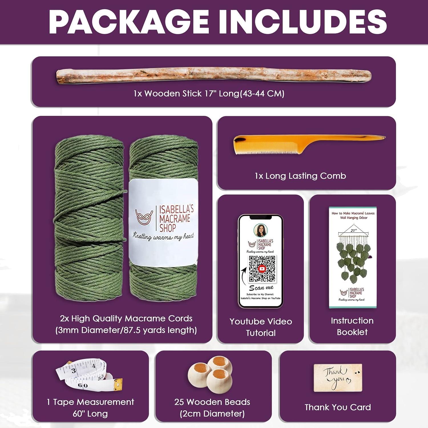 3Mmx180Yards Boho Macrame Kit -Macrame Supplies - Boho DIY Kits - Macrame Kits for Adults Beginners - Macrame Wall Hanging Kit -Leaf Tapestry, with 2 Macrame Rolls, Accessories & QR Code (Green)