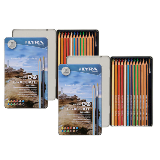 Graduate Watercolor Pencils Set Tin with Brush, Assorted Colors, 12 Per Set, 2 Sets