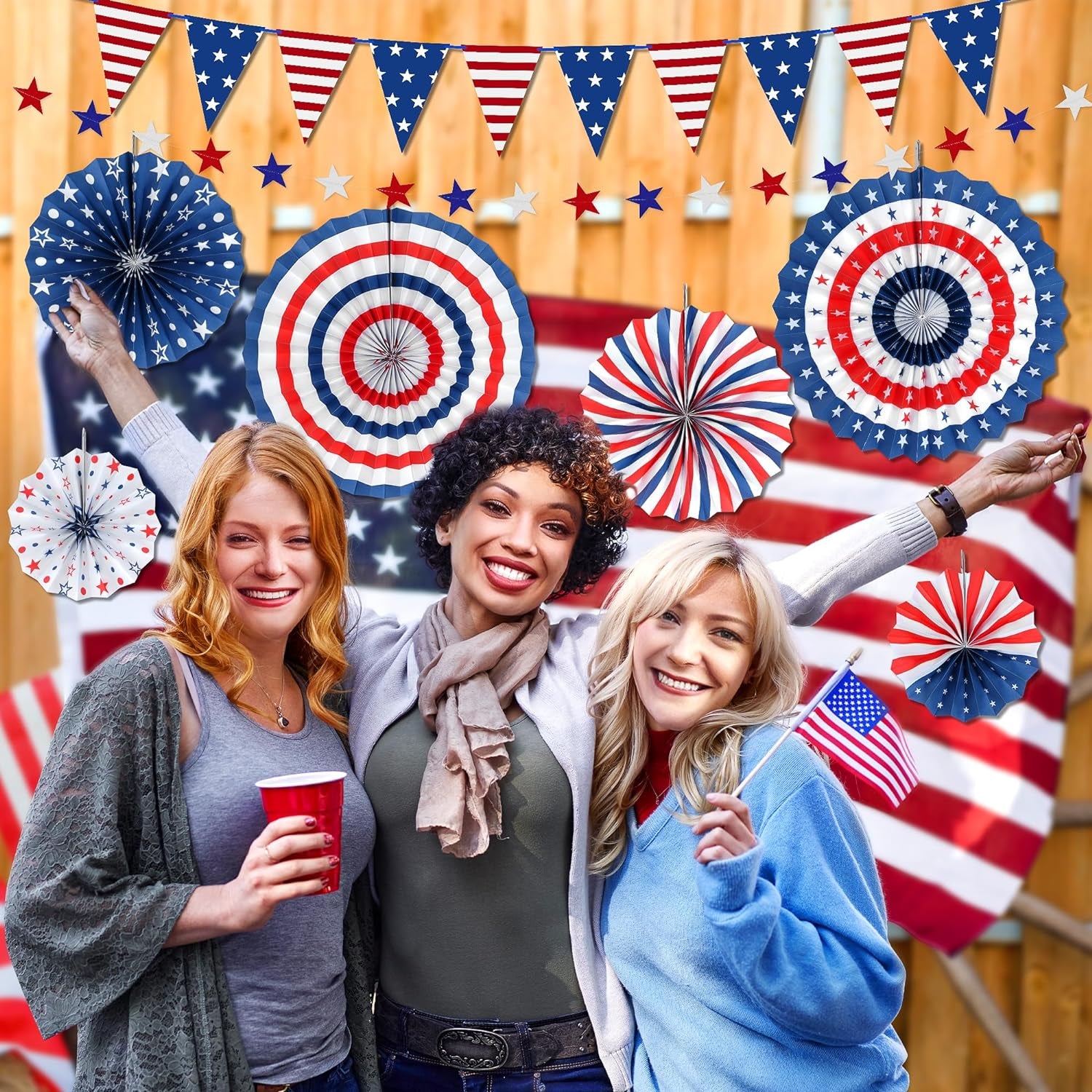 4Th of July Decorations Set, 9 Pcs Red White and Blue Paper Fans Patriotic Decor, USA Pennant Bunting,Star Streamers,Patriotic Tablecloth for Fourth of July Party Supplies, Memorial Day Decor