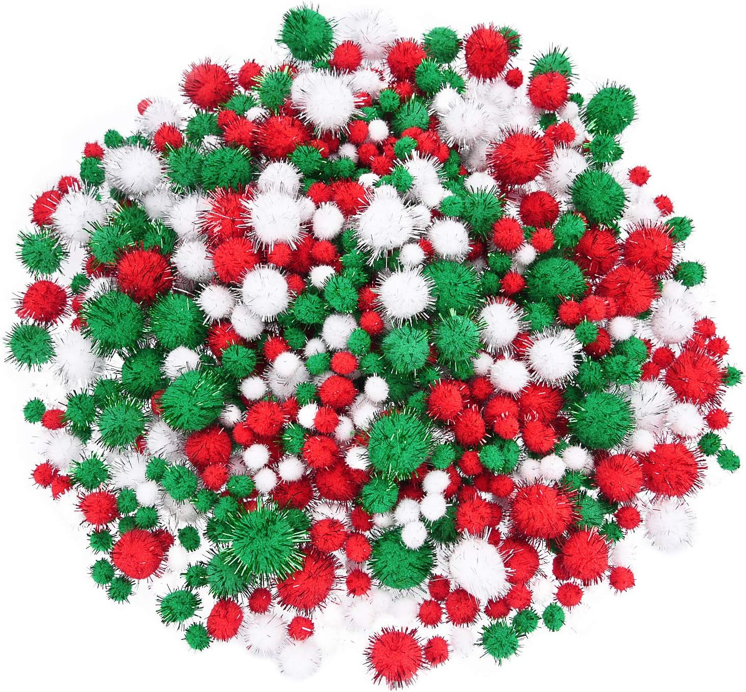 Christmas Pom Poms Pompoms Red Green White Glitter Fluffy Balls, DIY Art Crafts Decorations Supplies (4 Sizes, 900 Pieces)