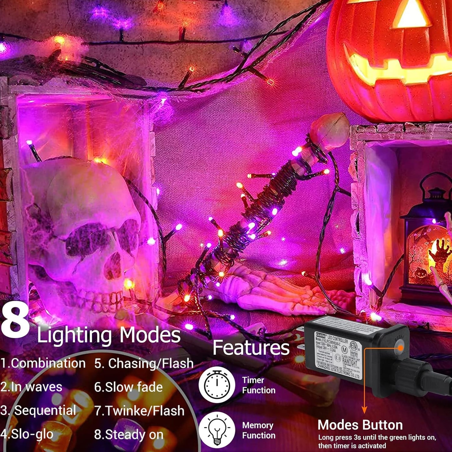 Orange Purple Halloween Lights 174FT 500 LED Halloween String Lights with 8 Modes Timer Waterproof Plug-In Orange Purple String Lights for Indoor Outdoor Halloween Decorations