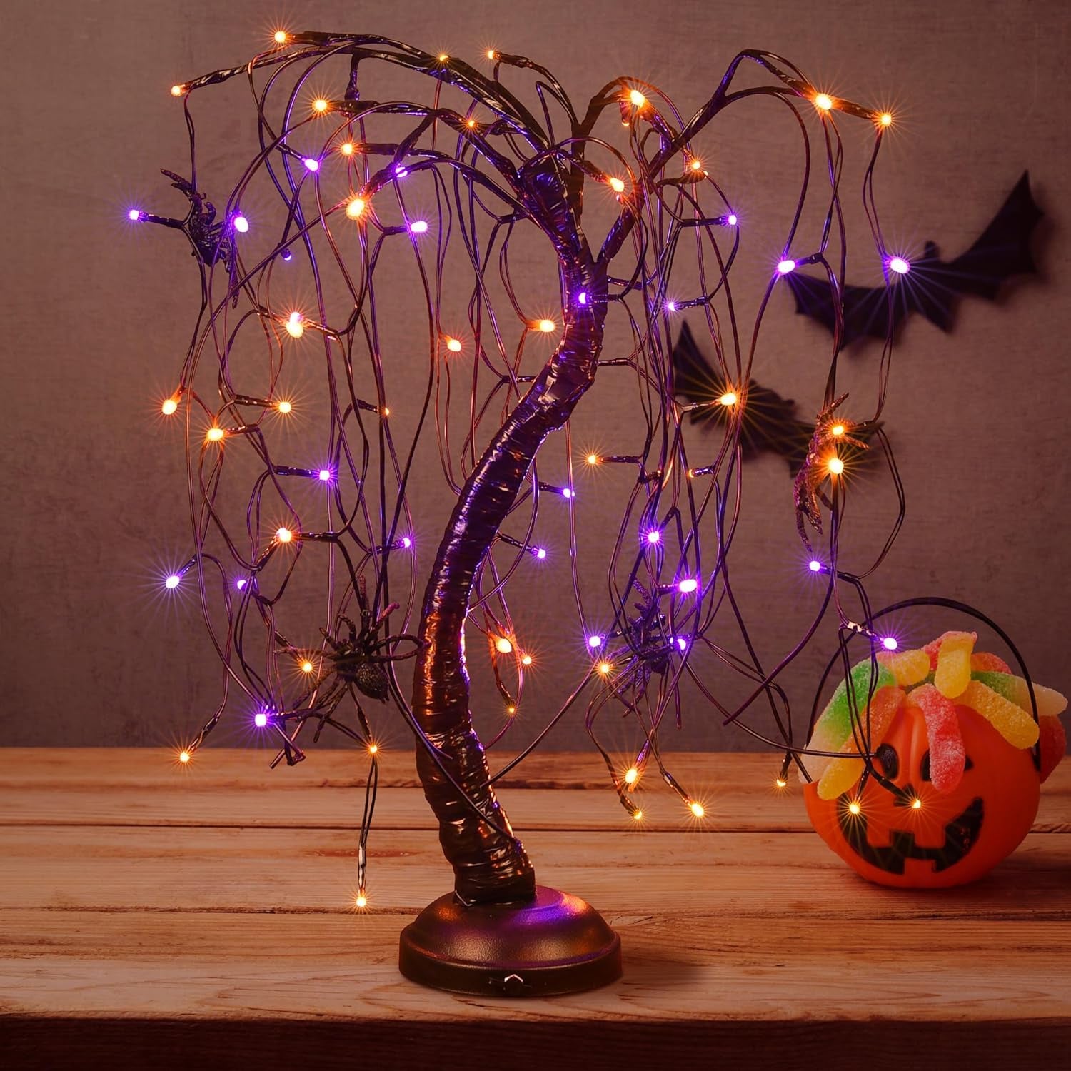 24Inch Halloween Lighted Willow Tree Bonsai Light 80 Orange and Purple LED Lights Table Top Lamp Artificial Tree Desk Decor with 4 Spiders Adapter Plug In/Battery Powered for Christmas Decoration