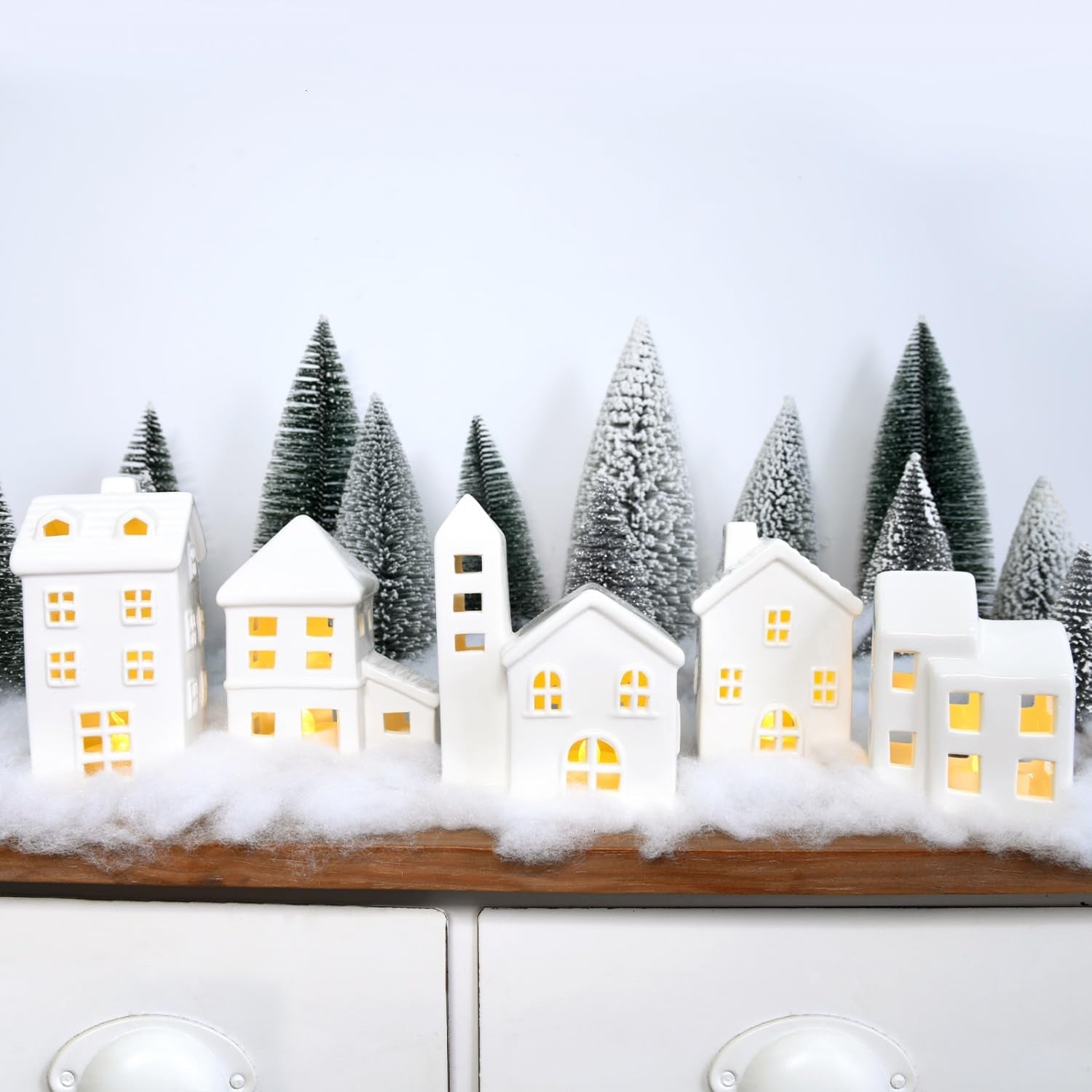 Ceramic Christmas Village Houses 5 Pcs White Christmas Houses & 9 Pcs Christmas Trees & Fake Snow Farmhouse Christmas Decorations Indoor for Home Table Mantle Fireplace