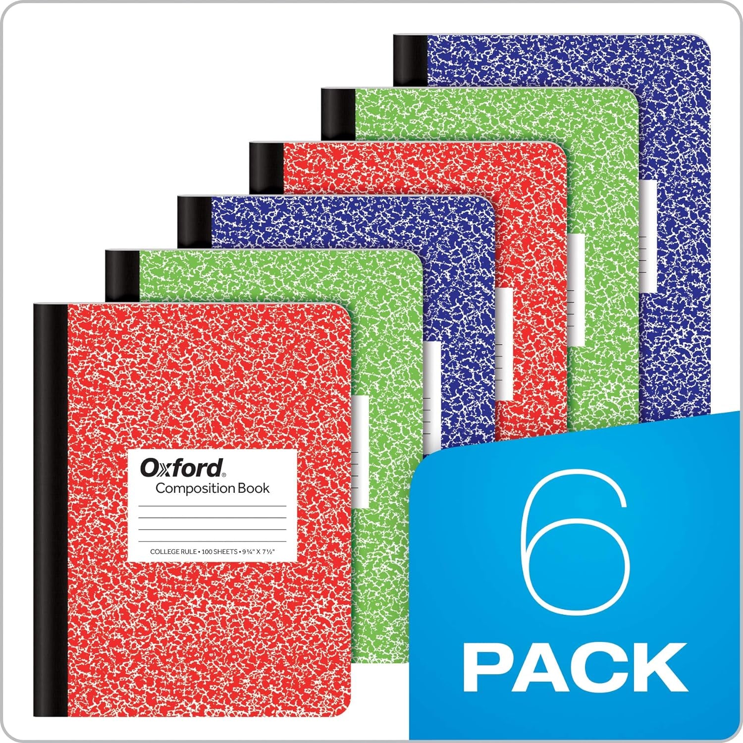 Composition Notebook 6 Pack, College Ruled Paper, 9-3/4 X 7-1/2 Inches, 100 Sheets, Assorted Marble Covers. 2 Each: Blue, Green, Red (63763)