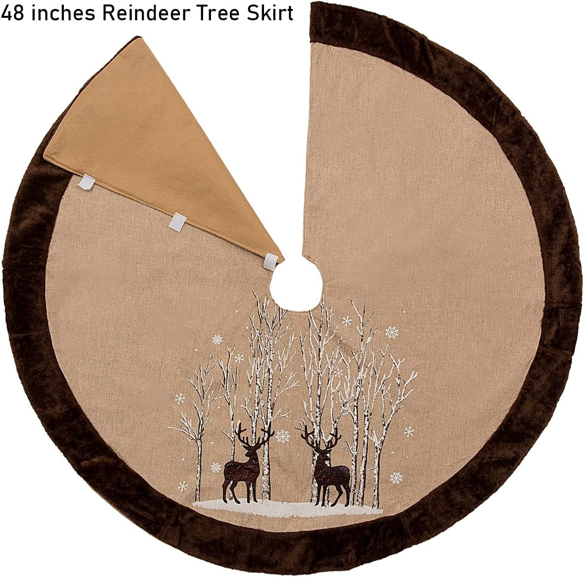 Rustic Deer Tree Skirt 48 Inch with Super Soft Brown Faux Fur Border, Classic Reindeer in Snowy Woodland Country Christmas Tree Skirt 48 Inches