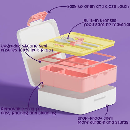 Bento Lunch Box for Kids - Leak Proof Toddler Bento Box with 4 Compartments BPA Free Dishwasher Safe Lunch Container with Utensils, Ideal Portion Sizes for Ages 3-12 Girls Boys for School