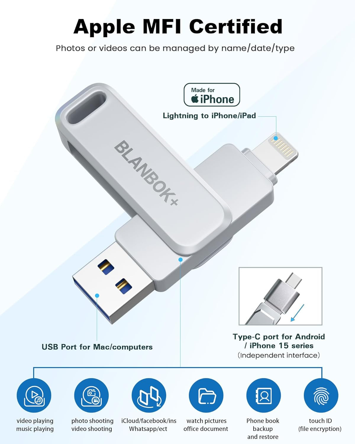 Mfi Certified 128GB Photo Stick for Iphone Flash Drive,Usb Memory Stick Thumb Drives High Speed USB Stick External Storage Compatible for Iphone/Ipad/Android/Pc