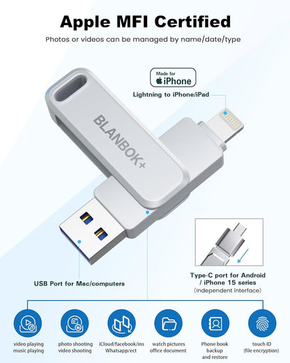 Mfi Certified 128GB Photo Stick for Iphone Flash Drive,Usb Memory Stick Thumb Drives High Speed USB Stick External Storage Compatible for Iphone/Ipad/Android/Pc