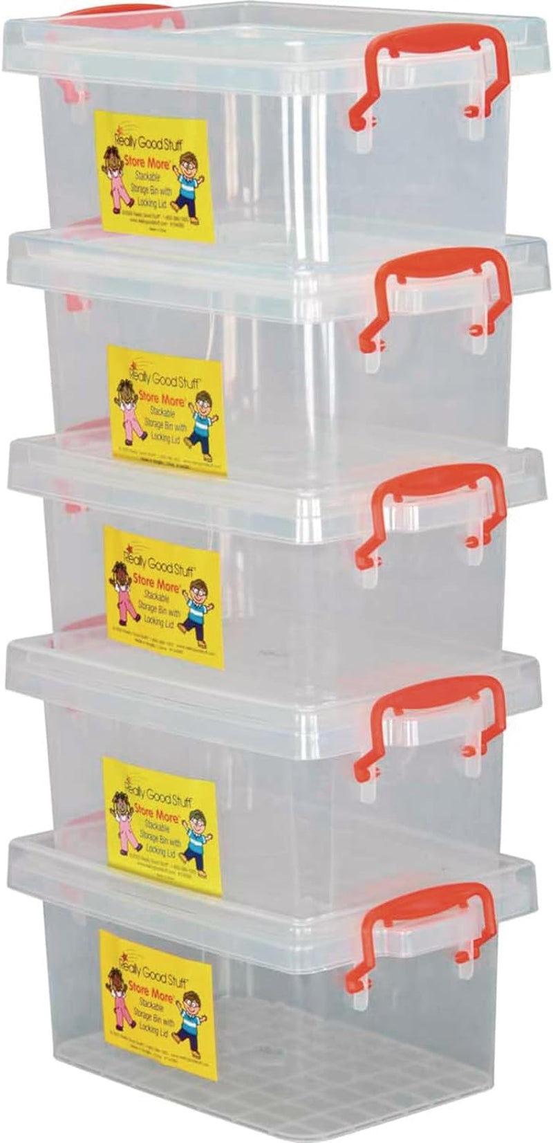 Small Clear Plastic Stackable Storage Tubs with Locking Lid – Red Handles Lock Lid in Place – Hold Supplies, Manipulatives and More in Classroom or Home, 8”X4”X5” (Set of 5)