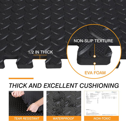 EVA Exercise Floor Mats: Interlocking Foam Tile Performance Mats - 6 Tiles (Area: 24 SQ FT) 1/2 Inch Thickness, EVA Home Gym Exercise Floor Mats for All Exercises or Equipment, Black