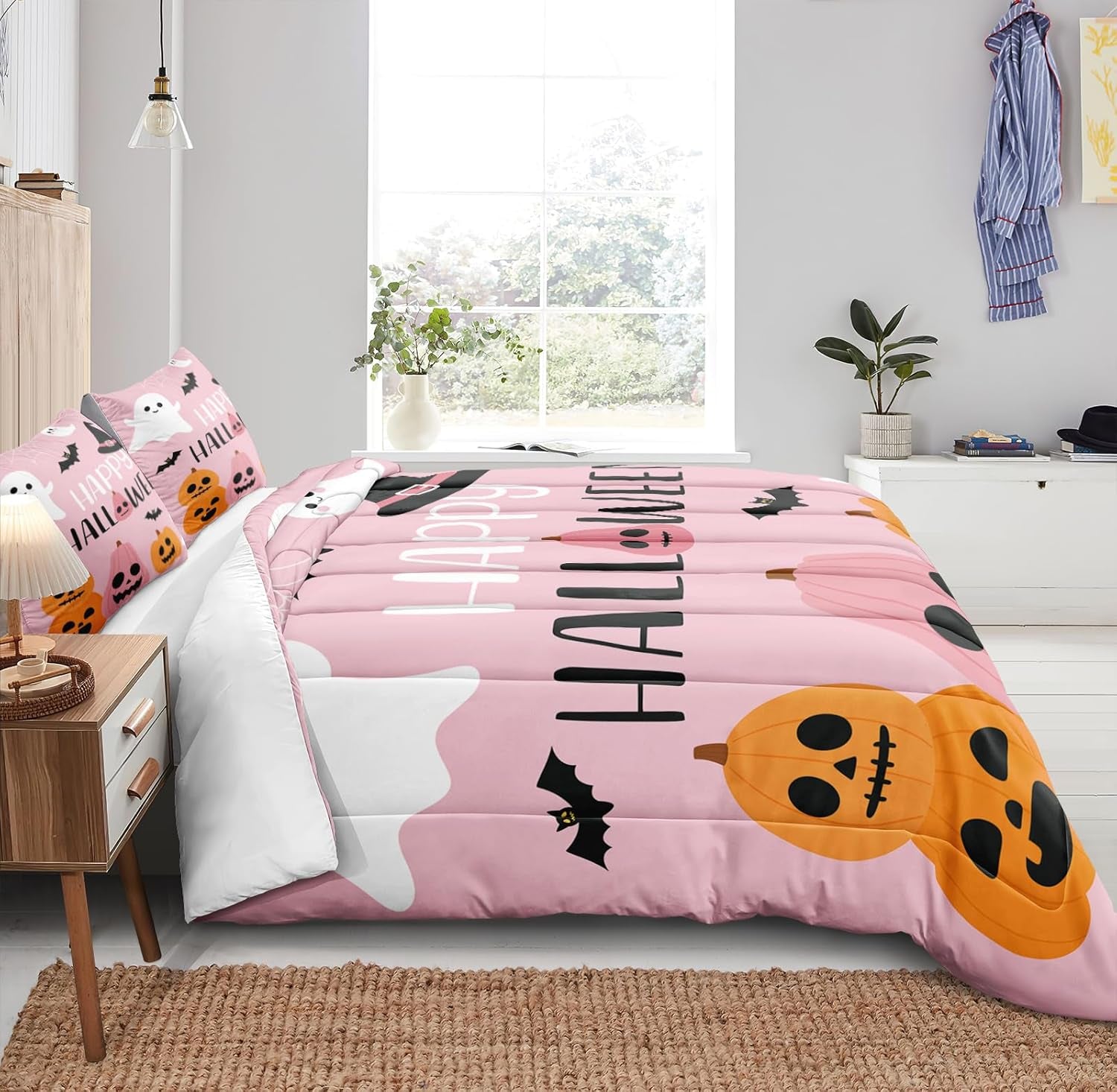 Pumpkin Ghost Comforter Set Girls Pink Halloween Bedding Set Orange Pumpkin White Ghost Bat Spider Cute Cartoon Bedding Kids Teens Happy Halloween Bed Set King Size