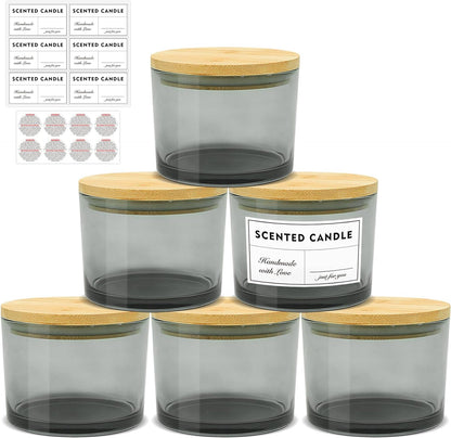 16Oz Candle Jars 6 Pack - 3 Wick Large Empty Clear Glass Candle Making Jars with Bamboo Lids, with Stickers and Labels, Bulk Candle Jars for Making Candles Containers - Dishwasher Safe