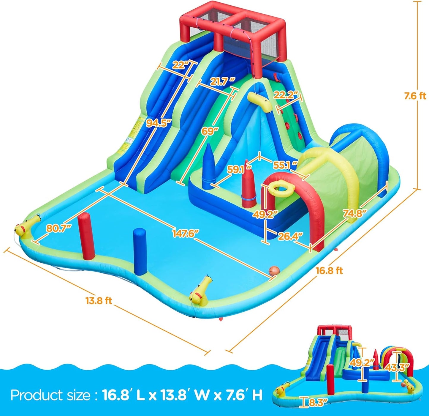 Inflatable Water Slide, Double Lane Water Slide Combo W/Long Tunnel & Climbing Wall & Punching Bags & Ring Toss Game, Kids Inflatable Water Park W/Storage Bag & 650W Blower