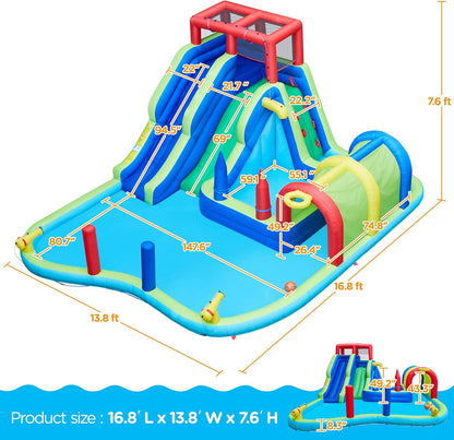 Inflatable Water Slide, Double Lane Water Slide Combo W/Long Tunnel & Climbing Wall & Punching Bags & Ring Toss Game, Kids Inflatable Water Park W/Storage Bag & 650W Blower