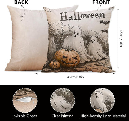 Halloween Pillow Covers 18X18 Set of 4, Boo Throw Pillow Coves Trick or Treat Ghost Evil Pumpkin Home Decor for Pillow Case Happy Halloween Cushion Case for Sofa Couch