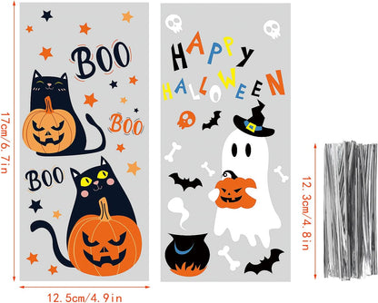 120PCS Halloween Cellophane Treat Bags,Halloween Clear Cellophane Trick or Treat Candy Gift Cookie Bags with Twists for Halloween Party Favors Supplies