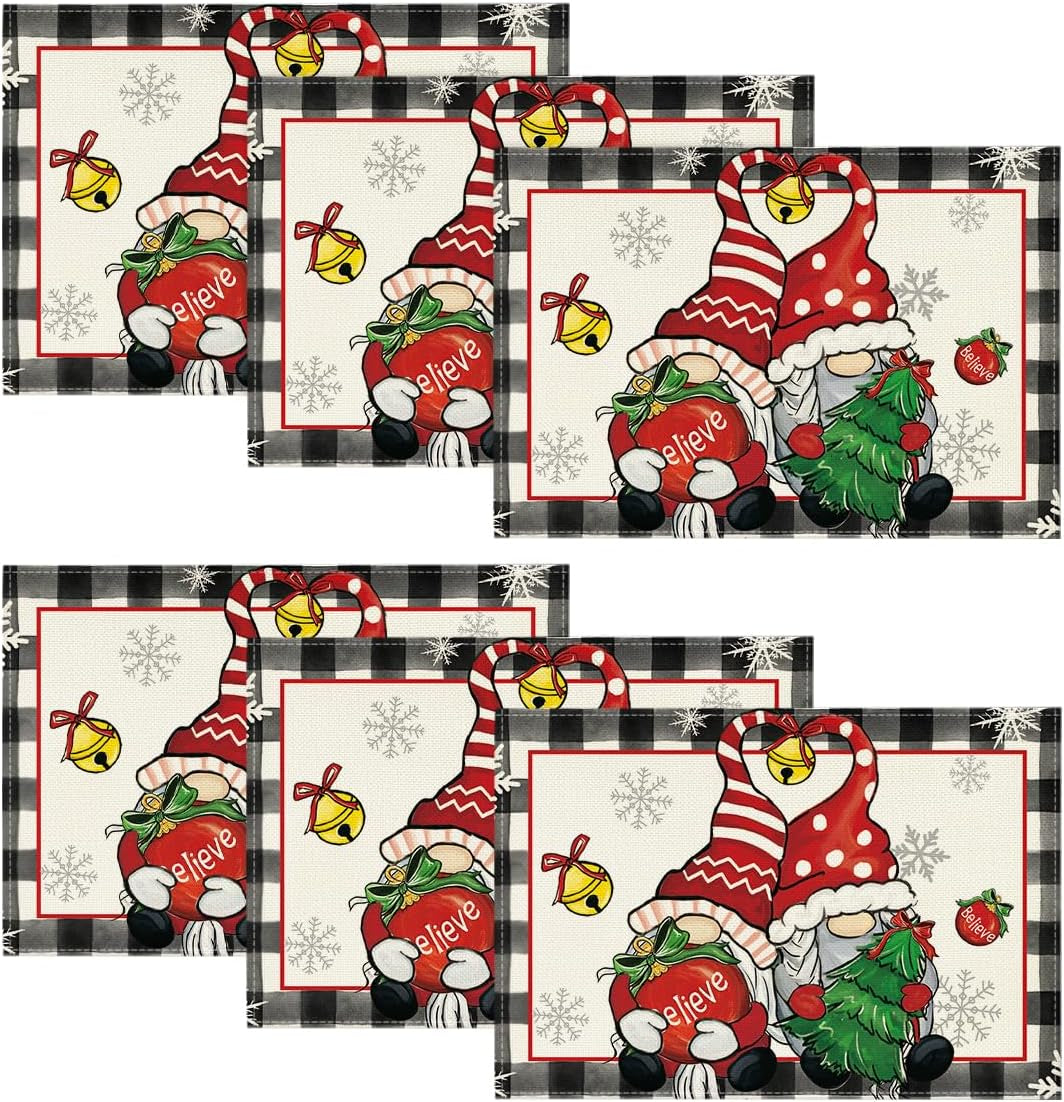 Gnomes Believe Xmas Balls Christmas Placemats Set of 6, 12X18 Inch Seasonal Winter Snowflake Table Mats for Party Kitchen Dining Decoration