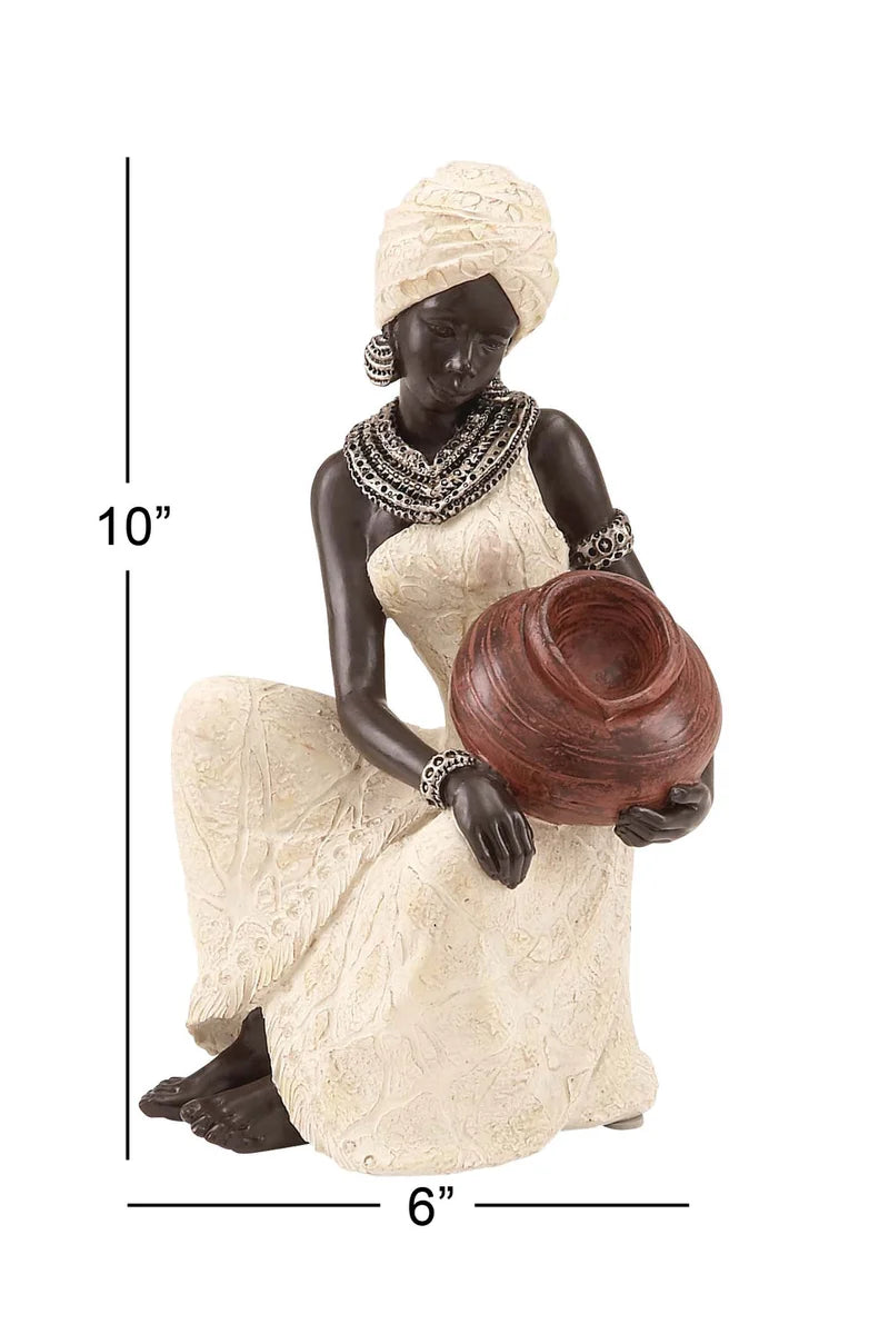 Harly Cream Polystone Sitting African Woman Sculpture with Red Water Pot