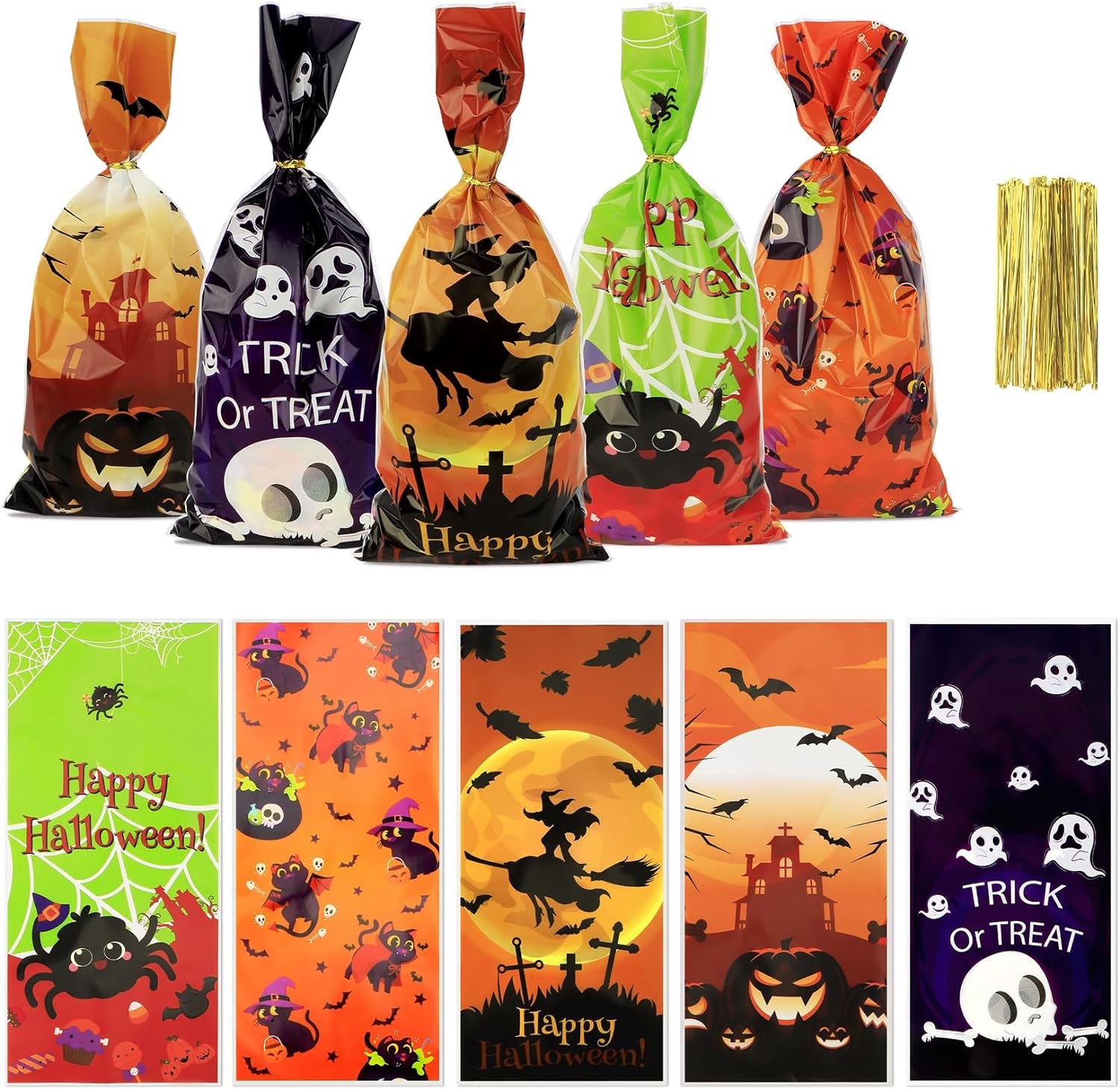 Halloween Treat Bags, Halloween Cellophane Treat Bags, 50 PCS Halloween Candy Bags, Halloween Cello Cookie Goodies Gift Bags with 50Pcs Ties for Halloween Trick or Treat Party Favors Supplies, 5 Style