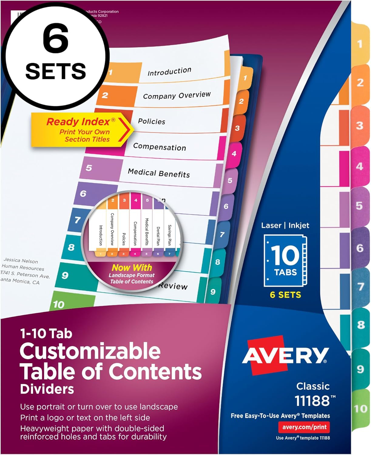 12 Tab Dividers for 3 Ring Binders, Customizable Table of Contents, Multicolor Tabs, 6 Sets (11196)