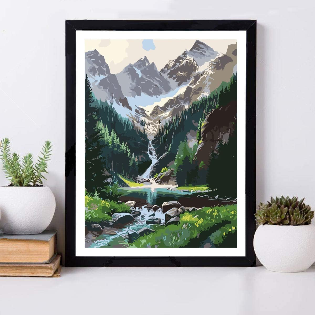 Paint by Number Mountains Waterfall DIY Painting on Canvas, Paintwork with Paintbrushes Acrylic Paints,Perfect for Paint by Numbers for Adults and Kids Students Beginner, for Home Wall Decor16X20 Inch