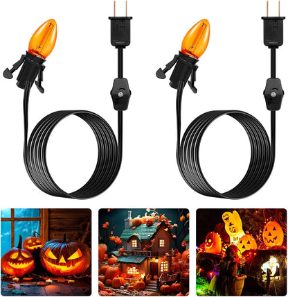 Accessory Cord with One LED Light Bulb - 6Ft Cord with On/Off Switch for Halloween Pumpkin, DIY Craft Projects, Paper Lantern Halloween Decoration, Village House, Holiday Ceramic Trees, 2 Pack, Orange