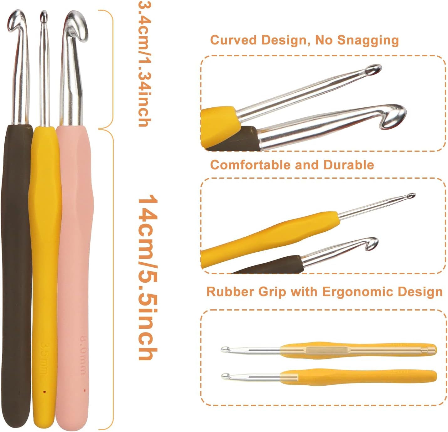 14 Piece Crochet Hooks Set, Crochet Hooks for Beginners Adults, Soft Grip Crochet Needles Tools with Storage Case，Ergonomic Crochet Hooks for Arthritic Hands