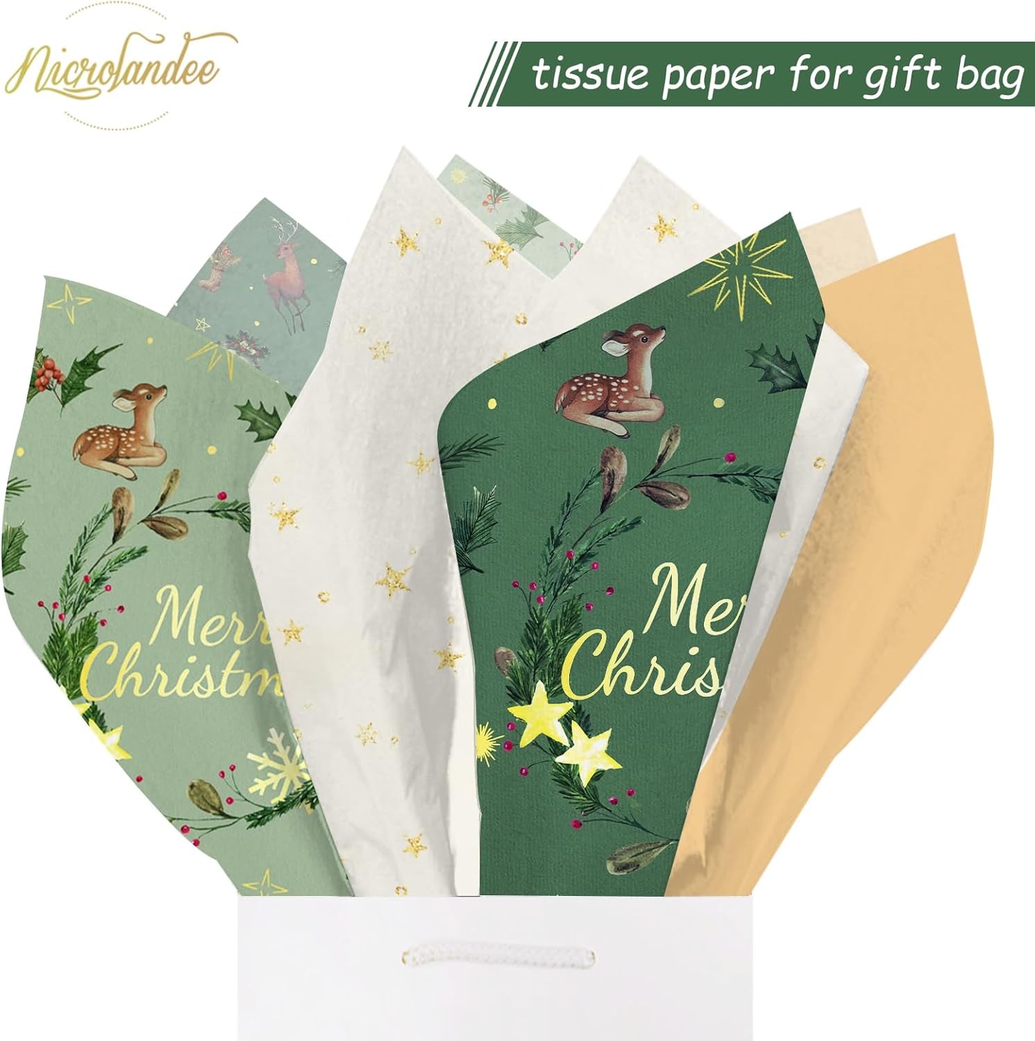 Christmas Tissue Wrapping Paper 24 Sheets, 20 X15 Inches Christmas Tissue Paper for Gift Bags Wrapping, DIY Crafts Gift Wrap Paper for Xmas New Year Holiday Birthday Party