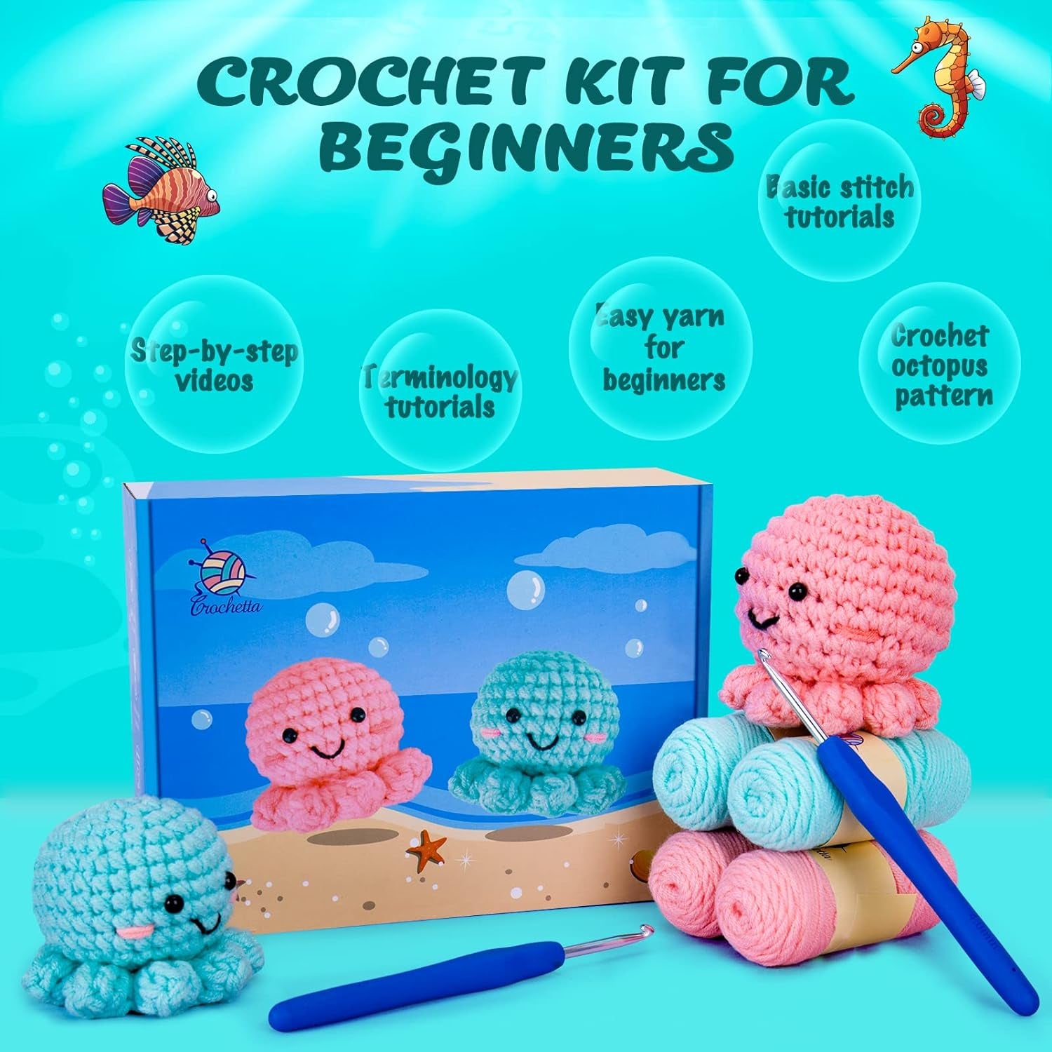 Crochet Kit for Beginners, Amigurumi Crocheting Animals Kits W Step-By-Step Video Tutorials, Knitting Starter Pack for Adults and Kids, Jumbo 2 Octopus Familly (40%+ Yarn Content)