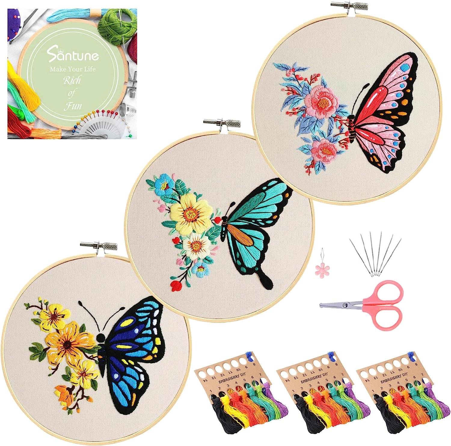 3 Sets Embroidery Kit for Beginners Needlepoint Cross Stitch Kits for Adults,Stitch Learning DIY Kit with Easy Instruction Video,Stamped Floral Embroidery Patterns,Hoop,Threads,Sewing Hobby