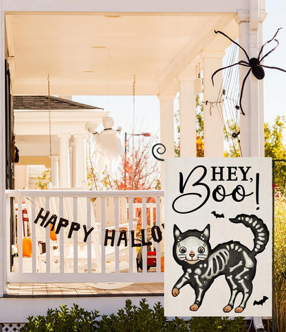 Halloween Garden Flags for outside Decoration, Spooky Boo HEY Skeleton Cat Small Yard Flag for Outdoor Seasonal Decor 12X18 Inch Vertical Double Sided