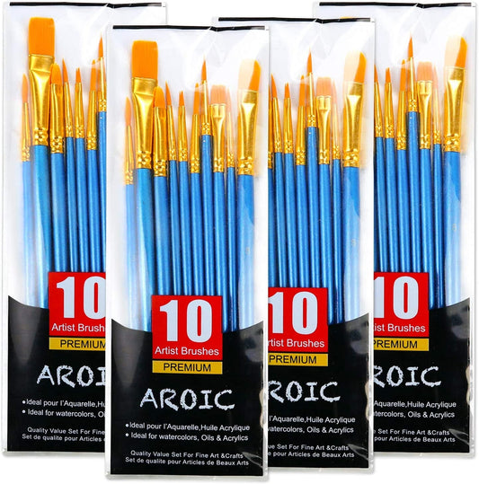 Acrylic Paint Brush Set, 6 Packs / 60 Pcs Nylon Hair Brushes for All Purpose Oil Watercolor Painting Artist Professional Kits
