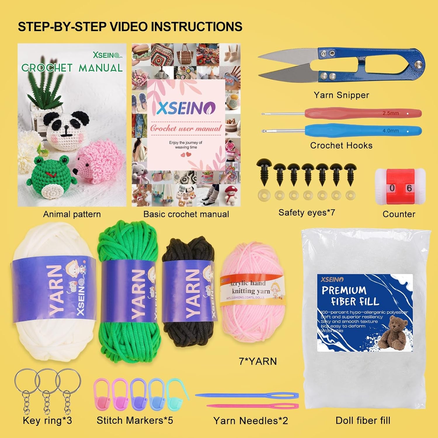 Crochet Kit for Beginners - Crochet Start Kit with Step-By-Step Video Tutorials - Learn to Crochet Kits for Adults and Kids - Panda, Frog, Hedgehog