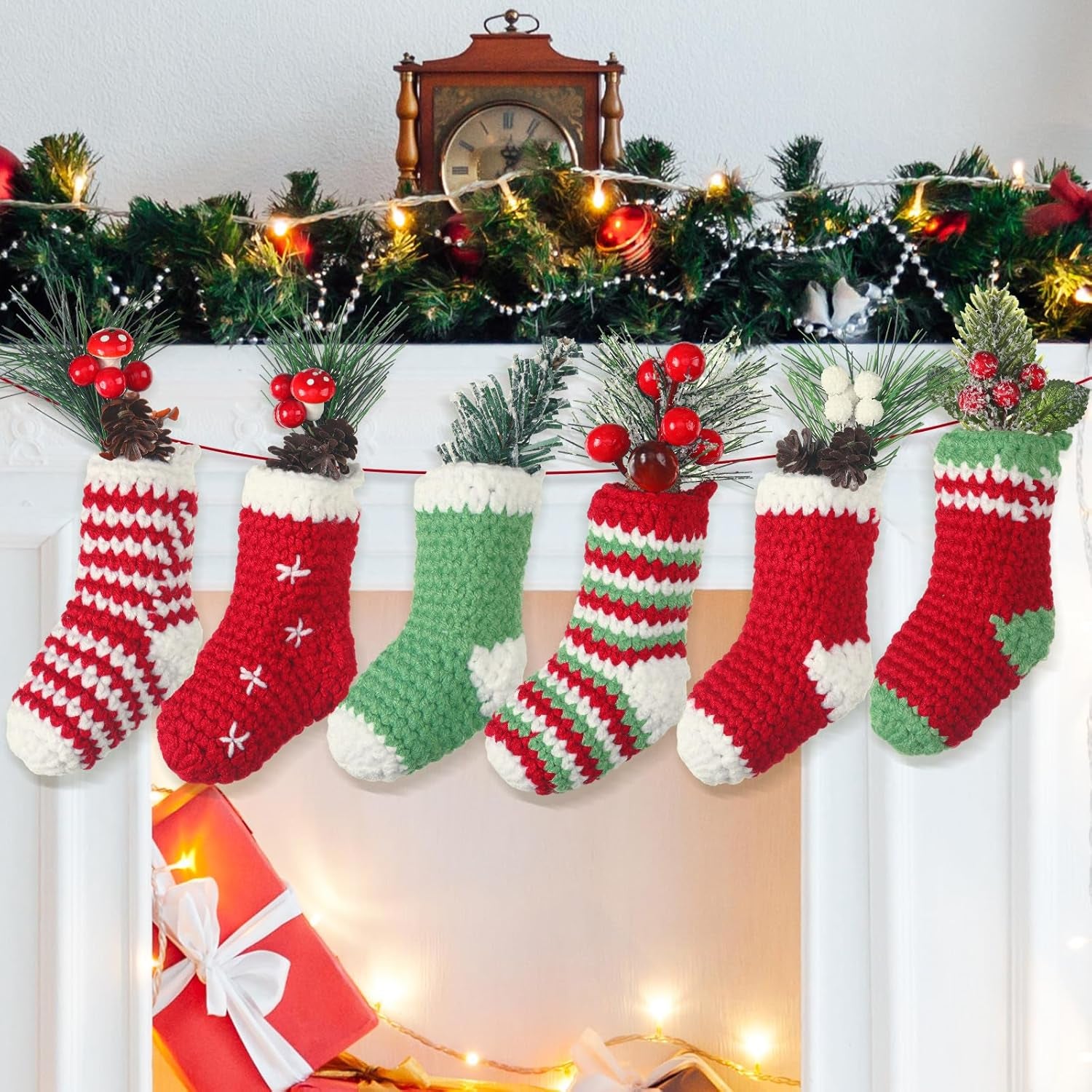 6 Pcs Mini Christmas Stocking Decorations Crochet Stocking Christmas Ornaments Christmas Advent Garland Stocking Hanging Ornaments for Christmas Tree Home Wall Holiday Party Gift, 4.8 Inch