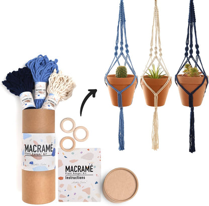 Macrame Kit, Makes 3 DIY Plant Hangers for Teens & Adult Beginners, Craft Supplies for Boho Art Project-3 Custom Color Macrame Cord, Wooden Rings & Instructions