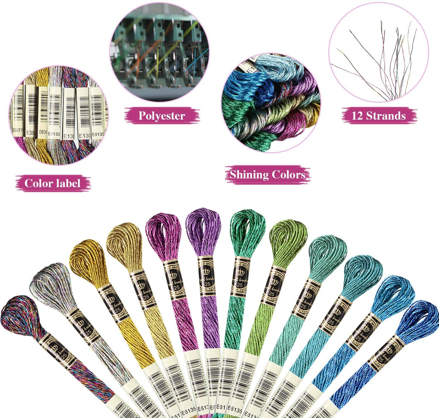 24 Pieces Metallic Embroidery Floss Multicolor Embroidery Skein Threads Glitter Embroidery Thread Cross Stitch Polyester Thread for Friendship Bracelets DIY Embroidery Thread Crafts