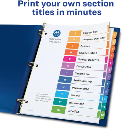 12 Tab Dividers for 3 Ring Binders, Customizable Table of Contents, Multicolor Tabs, 6 Sets (11196)