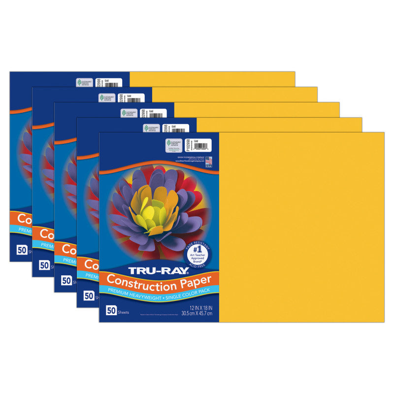 Construction Paper, Heavyweight, Gold, 12" x 18", 50 Sheets Per Pack, 5 Packs