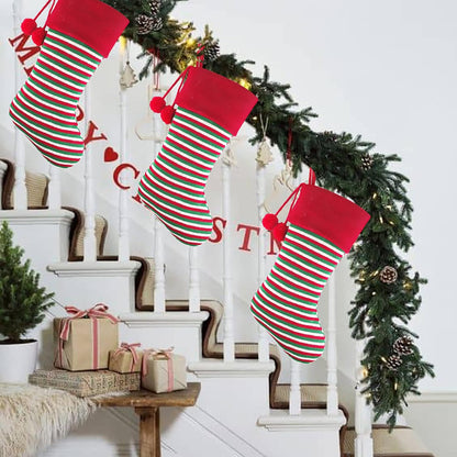 2 Pack 18'' Large Size Heavy Knit Christmas Stockings with Pom Pom Balls, Rustic Xmas Knitted Personalized Stocking Decoration for Family Holiday Season Décor, Red Green Beige Stripe