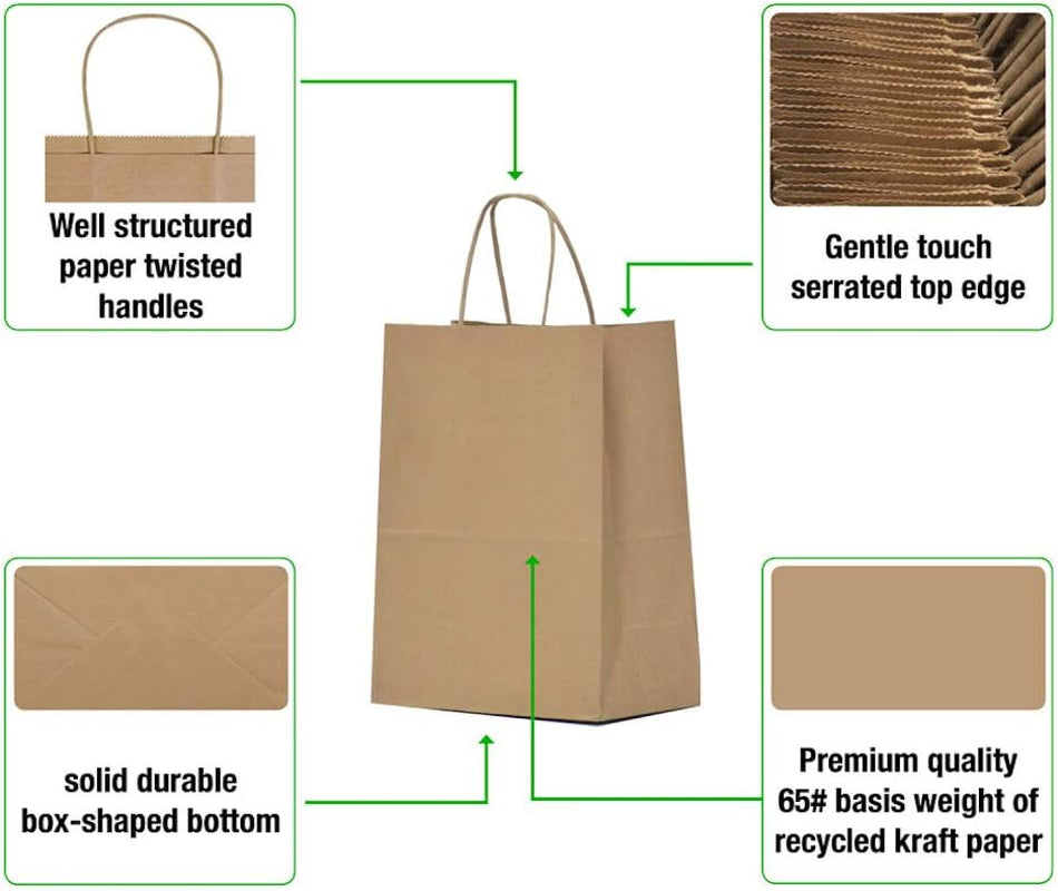 Kraft Paper Gift Bags with Handles - 8X4.5X10 25Pcs Brown Shopping Bags for Parties, Favors, Businesses